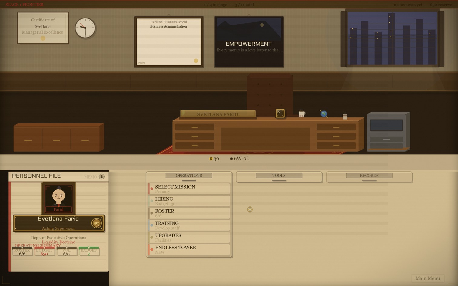 Downer Management desk hub with roster and building progress